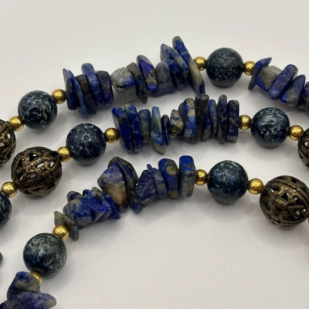 Vintage Lapis Lazuli Chips Filagree Beaded Necklace 31
